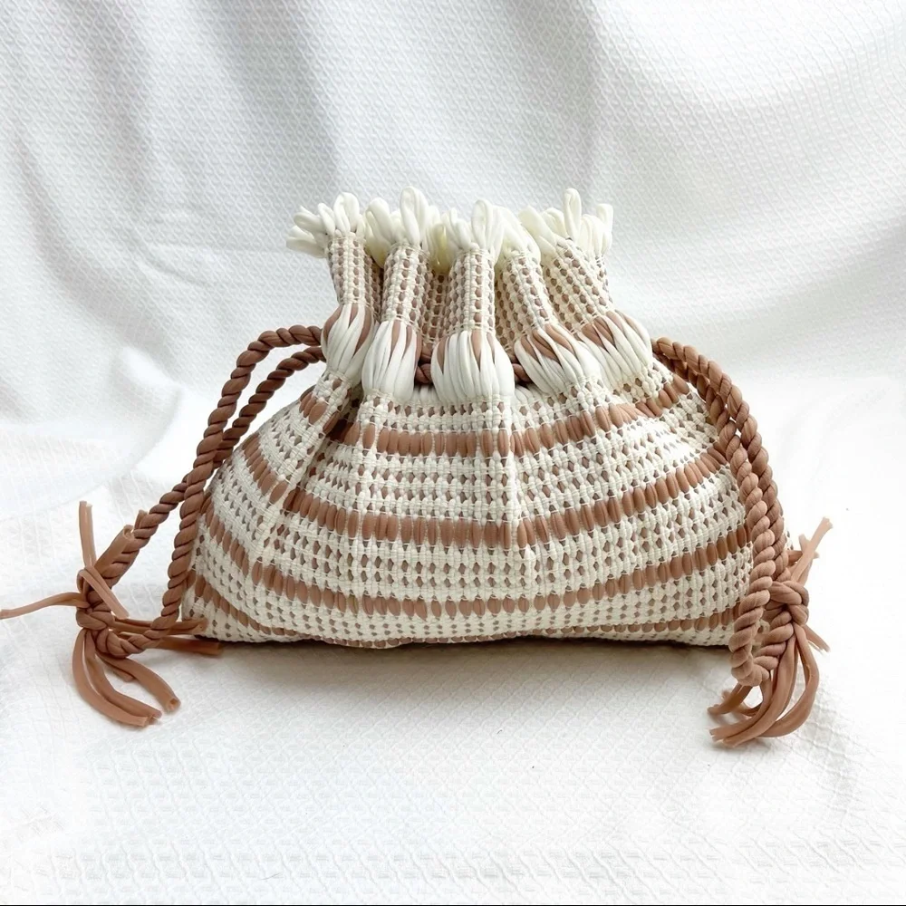 Handmade Stripe Crochet Pouch Cream Beige Tan Brown Pull‎ String Closure Sac Bag